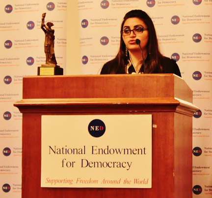 Last but not the least, Farhnaz Ispahani also has NED fellowship. Gulali Ismail belonging to the same liberal anti-national faction of Pakistan has been the recipient of NED as Youth pro-democracy activist.[31]