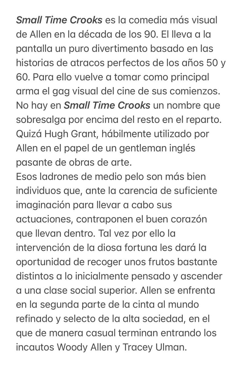 AlejoStrack's tweet photo. 24. #SmallTimeCrooks (2000)
Director: Woody Allen
Escritor: Woody Allen
Origen: Estados Unidos
Puntuación: 9/10 https://t.co/x4v9PtRqu4