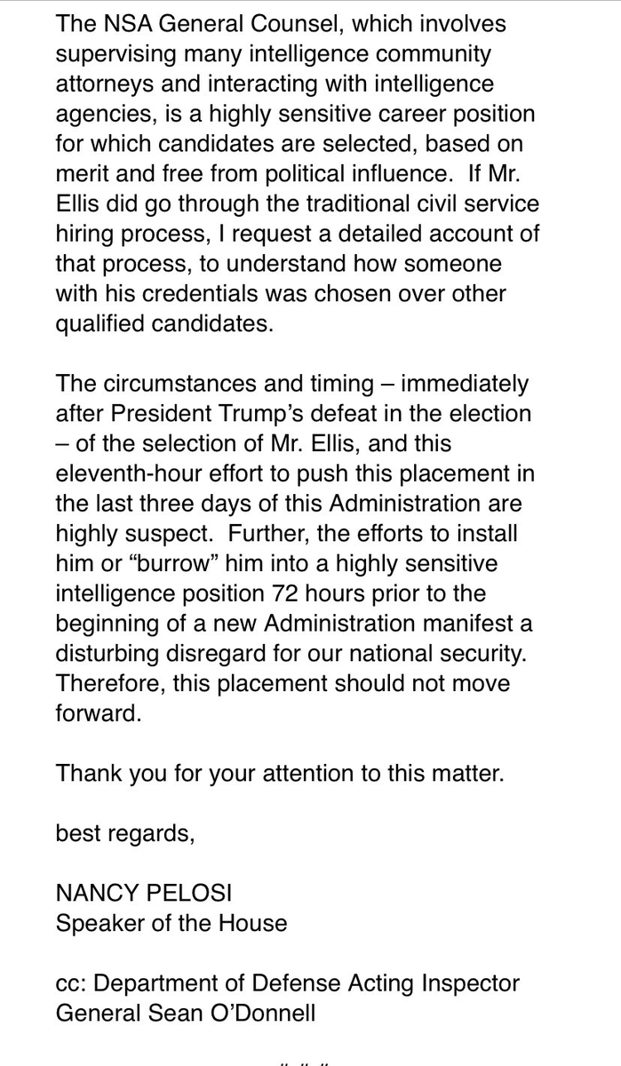 Pelosi to the head of the Pentagon: “I ask that you immediately cease plans to improperly install Michael Ellis as the new NSA General Counsel.... I am also requesting an [IG] investigation into the circumstances of the NSA General Counsel selection process.”
