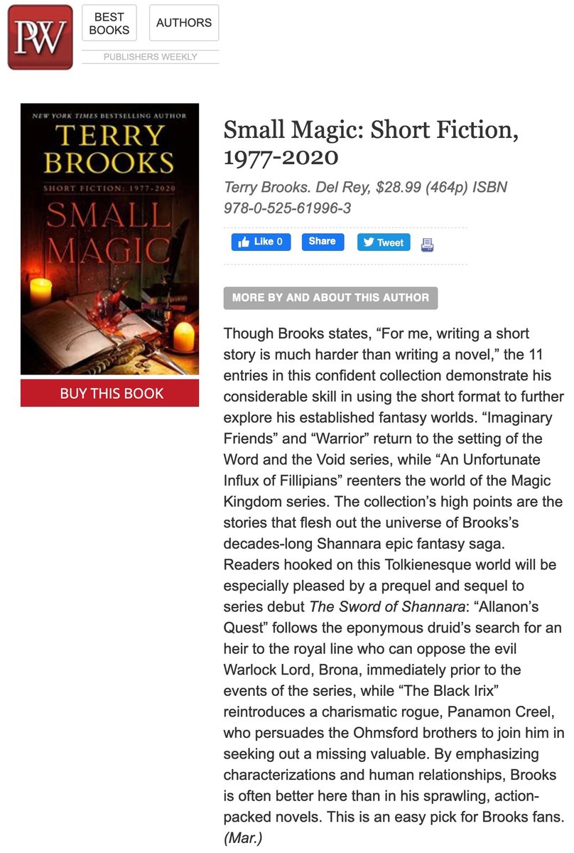 TerryBrooks's tweet photo. The @PublishersWkly review of SMALL MAGIC. For those of you interested in such things!

@DelReyBooks @penguinrandom #Shannara #Landover #WordVoid https://t.co/aTKZzwdTxR