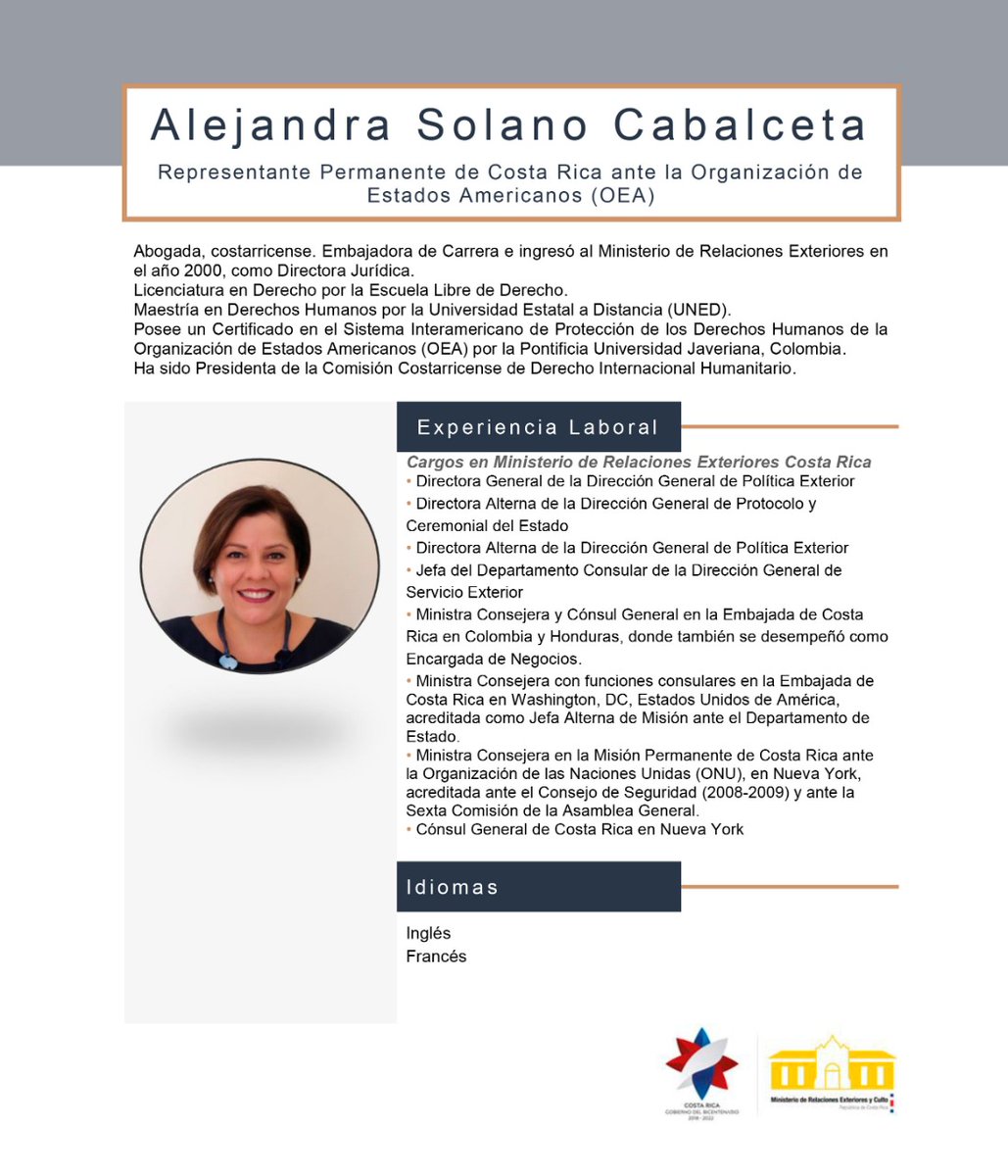 Representante Permanente de Costa Rica ante la @OEA_oficial, Embajadora Alejandra  Solano Cabalceta. #SomosServicioExterior 🇨🇷 #SomosAcciónExterior