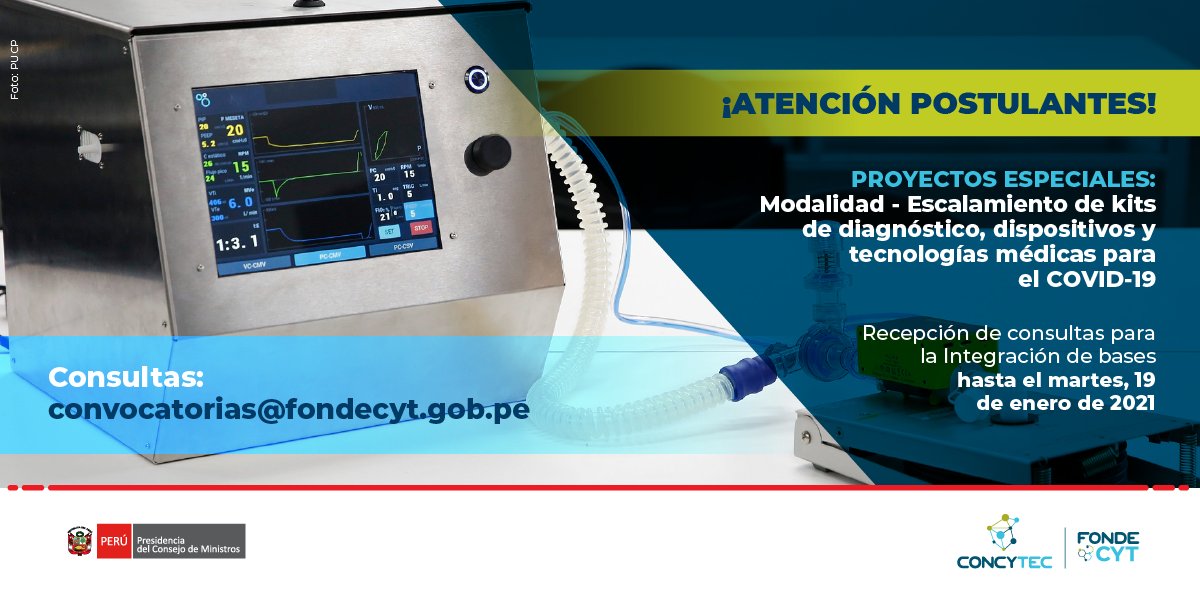 🗣️ ¡Atención postulantes! 
Hasta este 19 de enero será la recepción de consultas para la integración de bases del concurso Proyectos Especiales: Modalidad - Escalamiento de kits de diagnóstico, dispositivos y tecnologías médicas para el COVID-19.

👩‍💻 convocatorias@fondecyt.gob.pe