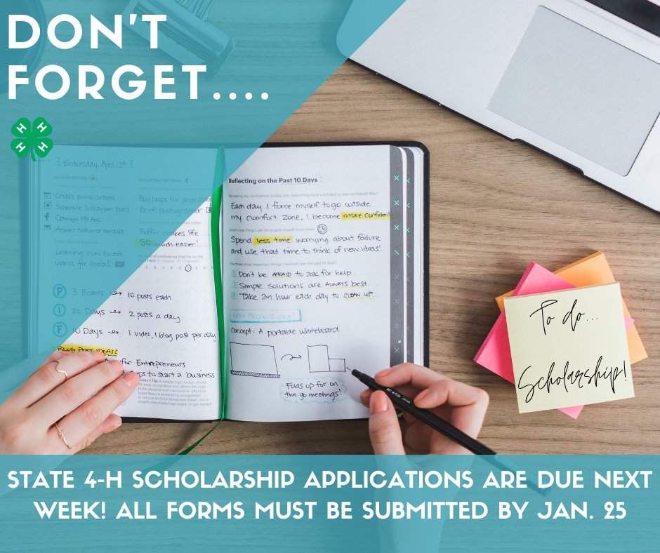 One week away: 10th-12 graders! Have you gotten your applications in yet for state 4-H scholarships? Read all of the fine print online at extension.purdue.edu/4h/Pages/schol….