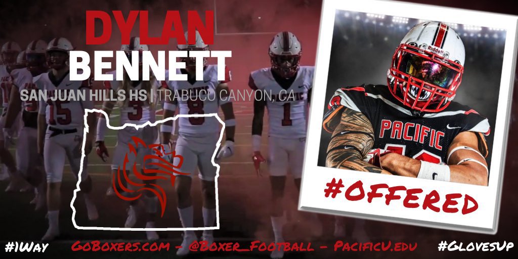 Dylanbennett83's tweet photo. Blessed to have received an offer from Pacific University. Thank you @CoachPatterson_ for this amazing opportunity. @sjhhsfootball @ocelitefootball @WCA_Training #Glovesup https://t.co/MVuqZi84pv