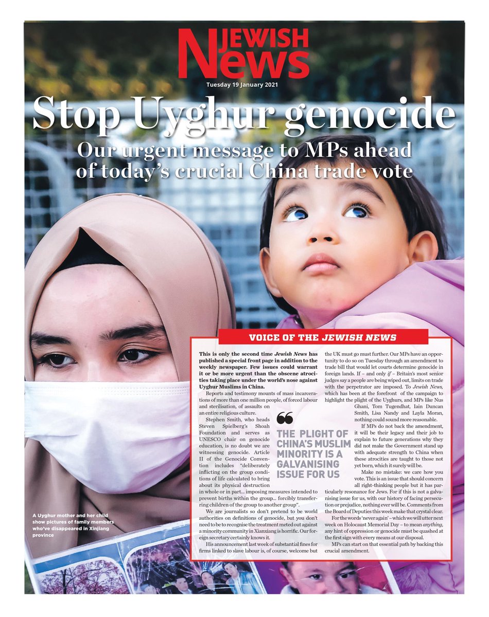 Only once before have we published a special front page in additional to the weekly newspaper. Until today. But it doesn’t get more urgent than the light of the uyghurs 

<a href="/Nus_Ghani/">Nusrat Ghani MP</a> <a href="/MahmutRahima/">Rahima Mahmut</a> <a href="/lisanandy/">Lisa Nandy MP</a> <a href="/TomTugendhat/">Tom Tugendhat</a> 

jewishnews.timesofisrael.com/voice-of-the-j…