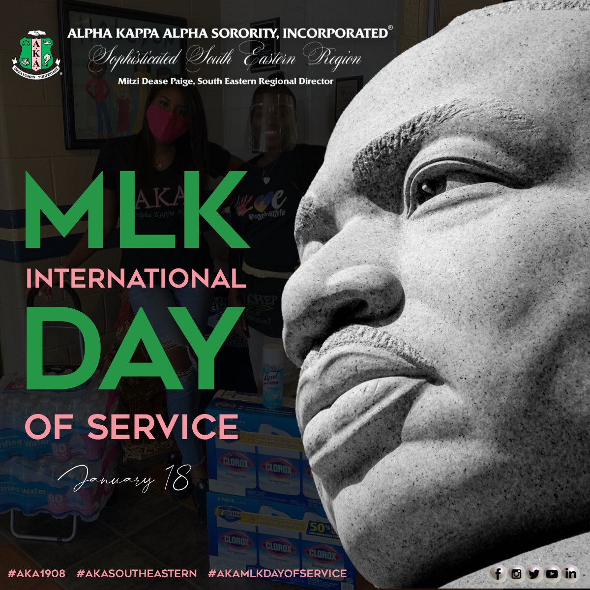 Today, the South Eastern Region honors the legacy of Dr. Martin Luther King Jr. through community service.

Perpetual Pearls, please share what protected service(s) you are providing in your communities today.

#AKA1908 #AKAMLKDayofService #AKASouthEastern #MartinLutherKing #MLK