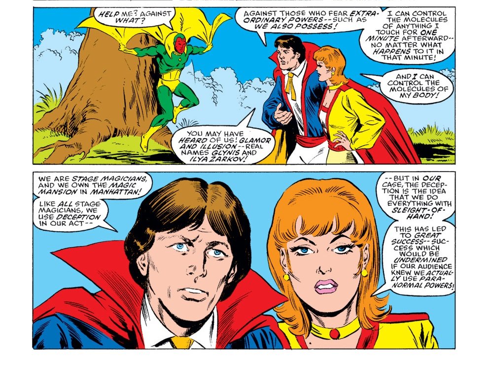 Dans l'épisode 2 de  #WandaVision   , le couple fait un tour de magie en prenant pour pseudos "Glamour" et "Illusion" utilisés aussi par 2 magiciens des  #comics Marvel.Ilya et Glynis Zarkov qui se servent également de la scène afin de cacher leurs pouvoirs aux yeux de tous...