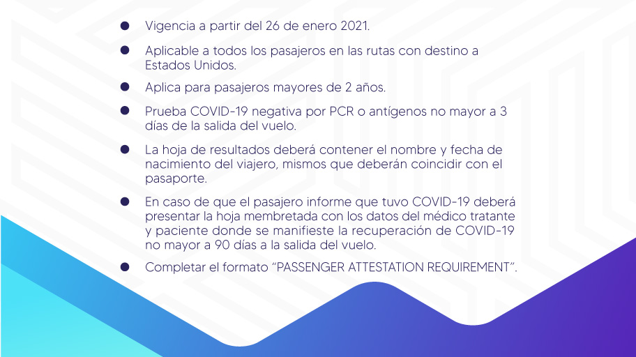 AeromarMx's tweet photo. ¡Información importante para los pasajeros que vuelan a los Estados unidos!⚠️😷✈️

A partir del 26 de enero del 2021, los pasajeros que vuelen a los Estados unidos deberán presentar una prueba COVID-19 negativa. 

Para mayor información entra a 👉 https://t.co/qxYoTlIeWa https://t.co/6oxnNL8bxR