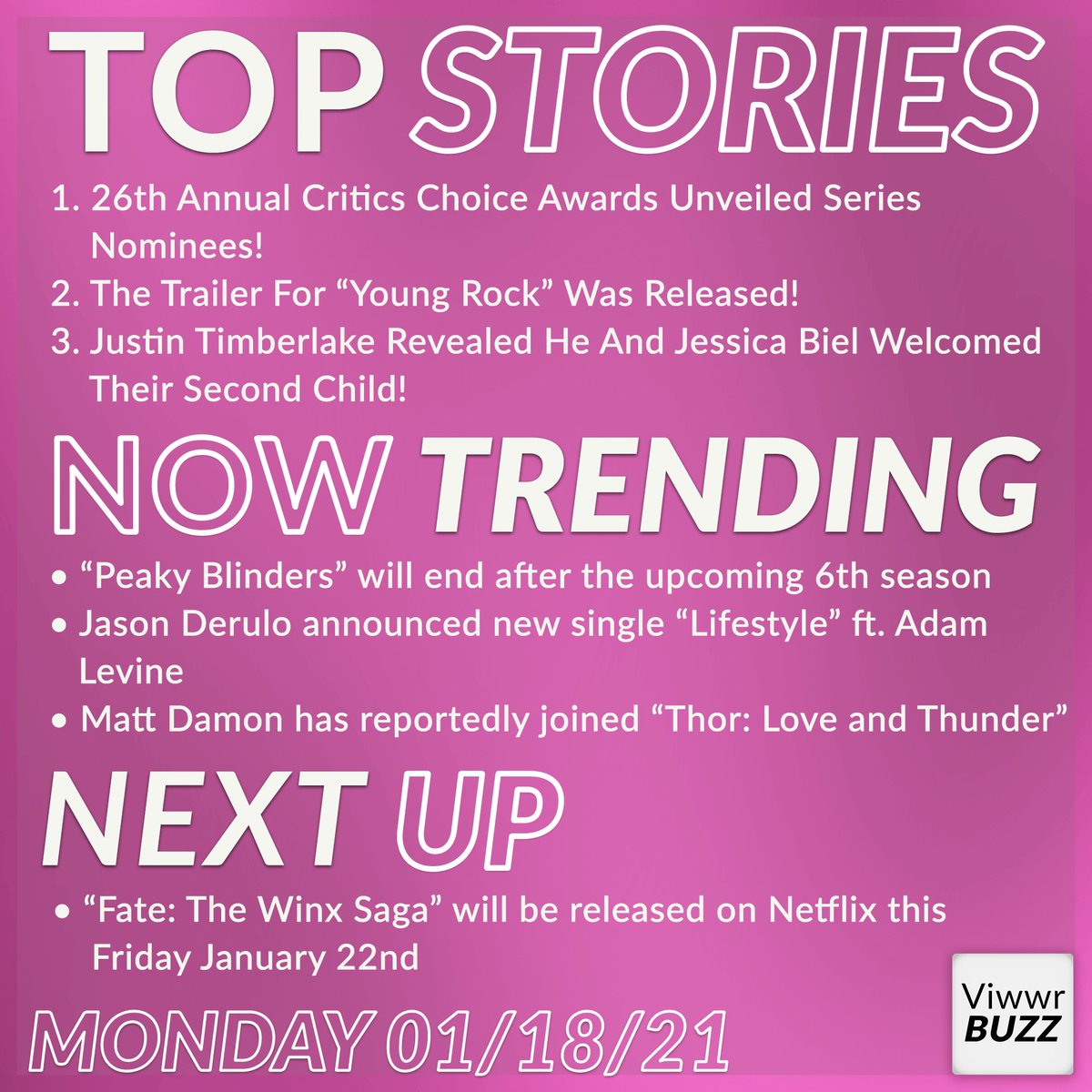 ViwwrBuzz's tweet photo. ⭐️ Top Stories 01/18 ⭐️

1️⃣ 26th Annual Critics Choice Awards Unveiled Series Nominees! 📺 #CriticsChoiceAwards

2️⃣ The Trailer For “Young Rock” Was Released! 🎬 #YoungRock

3️⃣ Justin Timberlake Revealed He And Jessica Biel Welcomed Their Second Child! 👶🏻 https://t.co/OTI7Dk6gzu