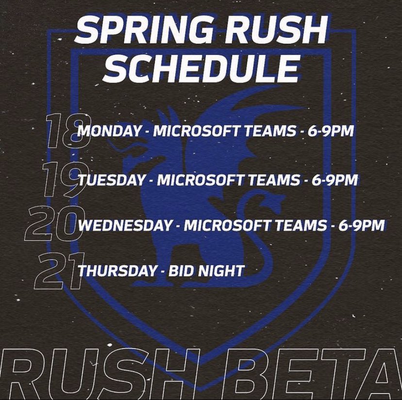 The time has come... 🚨 SPRING RUSH TIME! 🚨 Make sure you hop on Microsoft Teams at 6:00 and join the IFC Recruitment Team. Stop by the Beta channel to meet some of the Men of Principle! 🐲