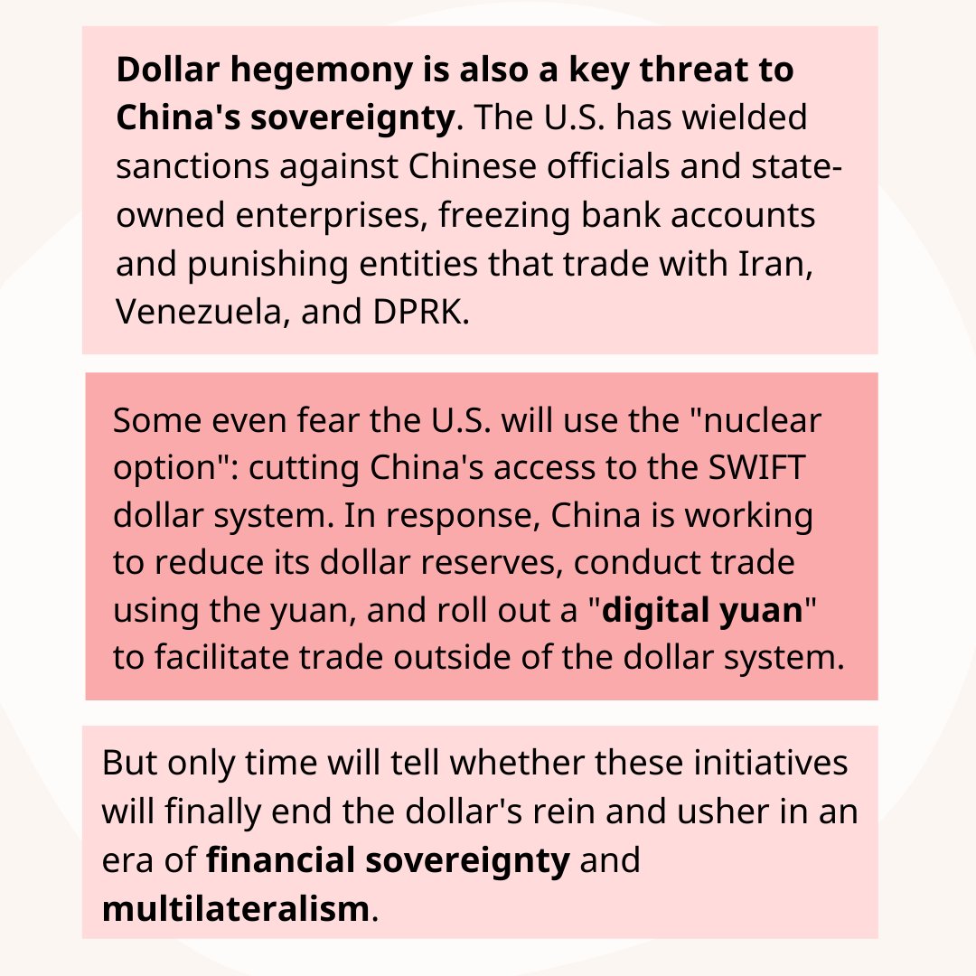 Seeking financial sovereignty, countries targeted by sanctions are turning to de-dollarization. Iran and Venezuela sidestep have conducted oil trade with the yuan; Russia, China, and India are working on an international payment system outside of the U.S.-backed SWIFT system.