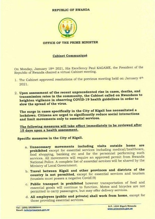 PrimatureRwanda's tweet photo. Statement on Cabinet Resolutions of 18/01/2021 https://t.co/OKedGYxHGm