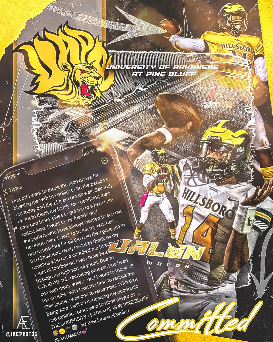 iamjalenmacon's tweet photo. AGTG ‼️ 💯% C OM M I T T E D 🦁🖤💛🤍 @UAPBLionsRoar @UAPBFootball_ @Coach_Doc5 @Coach__Evans @HillsboroFball @BuckFitz https://t.co/4ZJMR7OahT