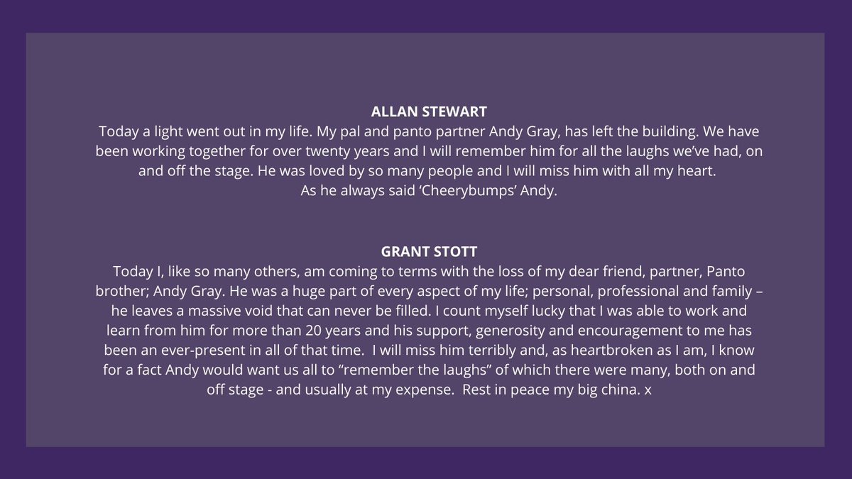captheatres's tweet photo. Allan Stewart and Grant Stott pay tribute to Andy Gray.
 @AllanMayStewart @GrantStottOnAir https://t.co/b5zGcvM5nv