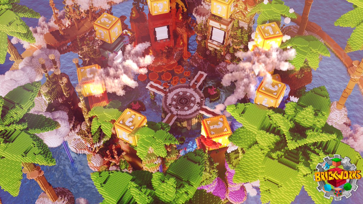 Bring the past to the future in this Arcade spawn for <a href="/RetroRivalEvent/">Retro Rivals</a>, and enter or watch the frenzy of a tournament of teams battling it out among minigames to achieve their victory in the rumble of conflict on this tropical island.
#Minecraft #brickworks #Arcade #Build #Event