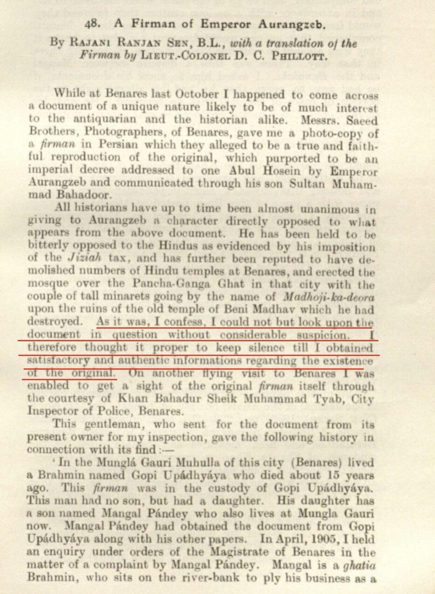 2. The only “expert” who casts doubt over (but hardly “trashes”) the authenticity of this Farman is a retired IAS officer Mr. Kishore Kunal. This after historians such as Rajani Ranjan Sen and Sir Jadunath Sarkar with access to the Farman, accepted it as genuine. #History  #Mughal