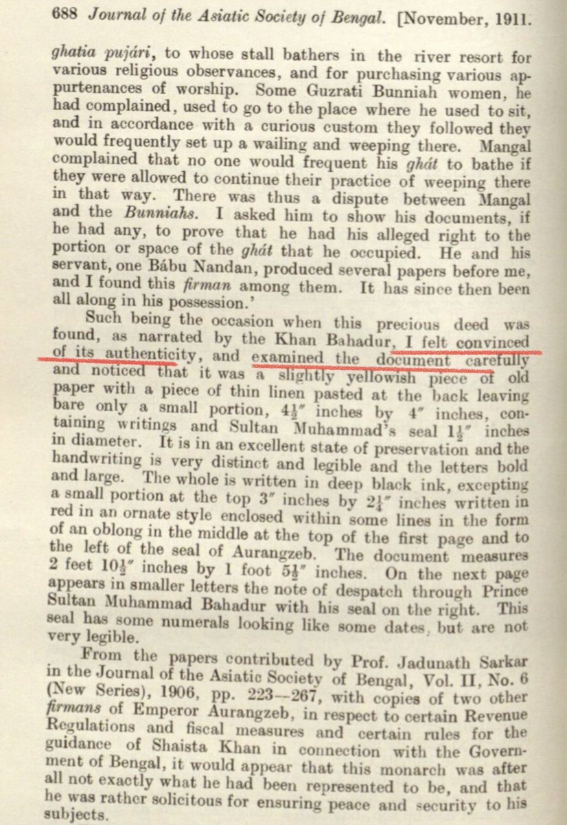 2. The only “expert” who casts doubt over (but hardly “trashes”) the authenticity of this Farman is a retired IAS officer Mr. Kishore Kunal. This after historians such as Rajani Ranjan Sen and Sir Jadunath Sarkar with access to the Farman, accepted it as genuine. #History  #Mughal