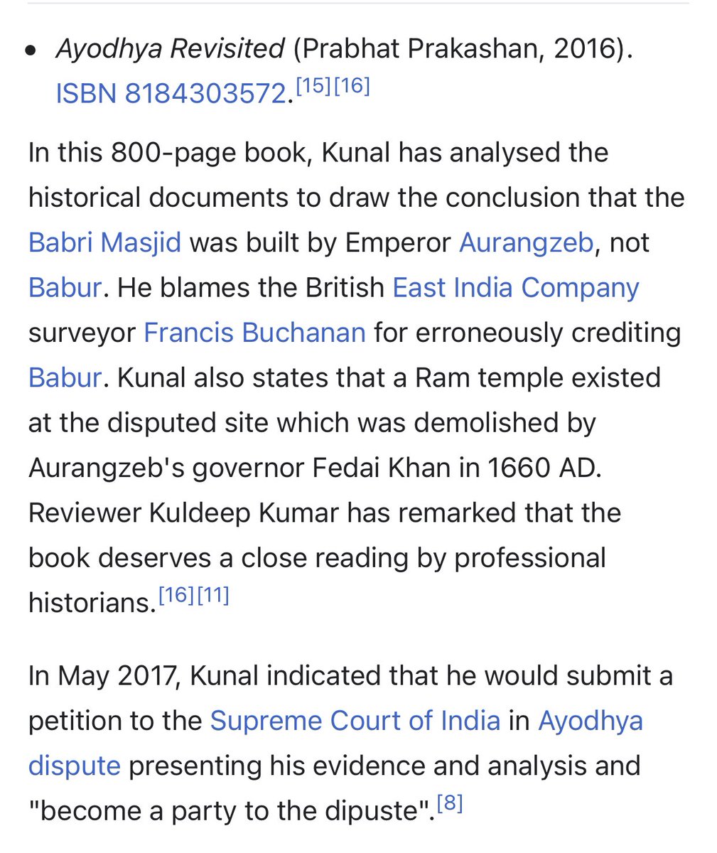 3. Kishore Kunal, the only “expert” to question the Benaras Farman, in fact accepts in his book “Ayodhya Revisited” that owing to the ineligibility of the date written on the document, the date could be - as Sarkar surmised - 1659.Mr. Kunal is also known for his maverick views.
