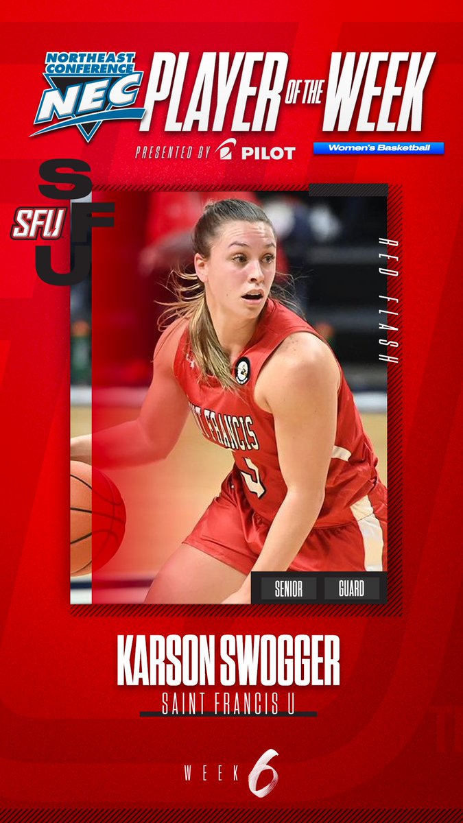 🏅 Official #NECWBB Player of the Week 🏅

👉  Karson Swogger, <a href="/SFUathletics/">Saint Francis Red Flash</a> 

🗒️ Swogger reached the 20-point plateau during both ends of Saint Francis U’s two-game sweep in Smithfield and led the circuit in scoring last week.

✨ Presented by <a href="/PilotPenUSA/">PilotPenUSA</a> ✨