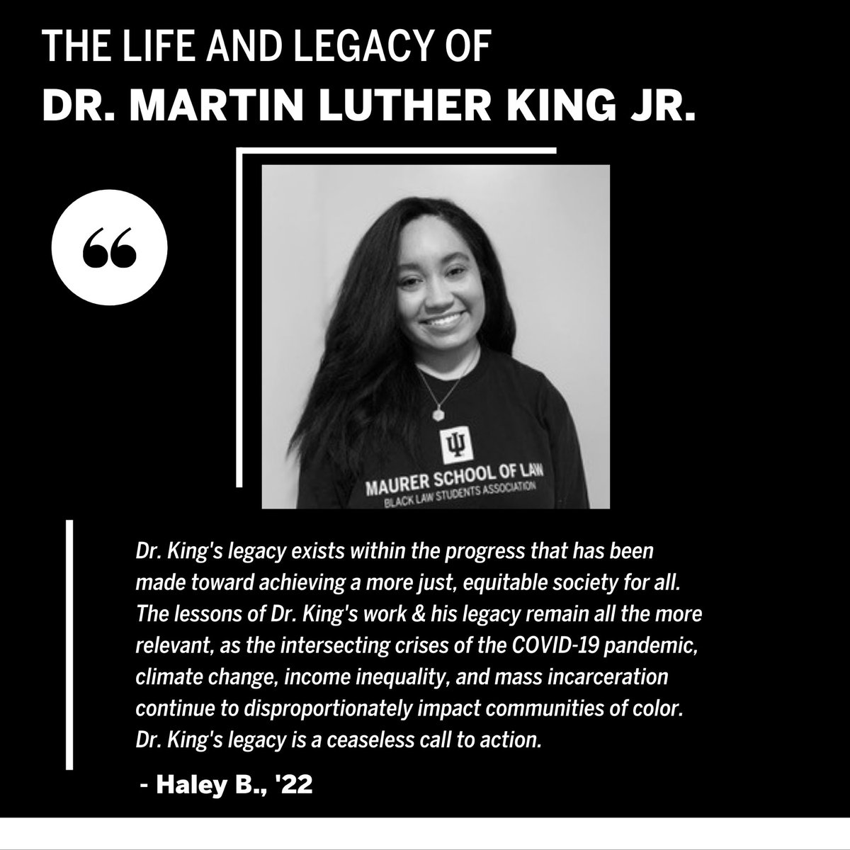 AustenParrish's tweet photo. Haley B., '22. “To me, Dr. King's legacy exists within the progress that has been made toward achieving a more just, equitable society for all. The lessons of Dr. King's work and his legacy remain [all the more relevant today]....” #BLSATakeover #MLKLegacyAtMaurer https://t.co/PlQtahyS2U
