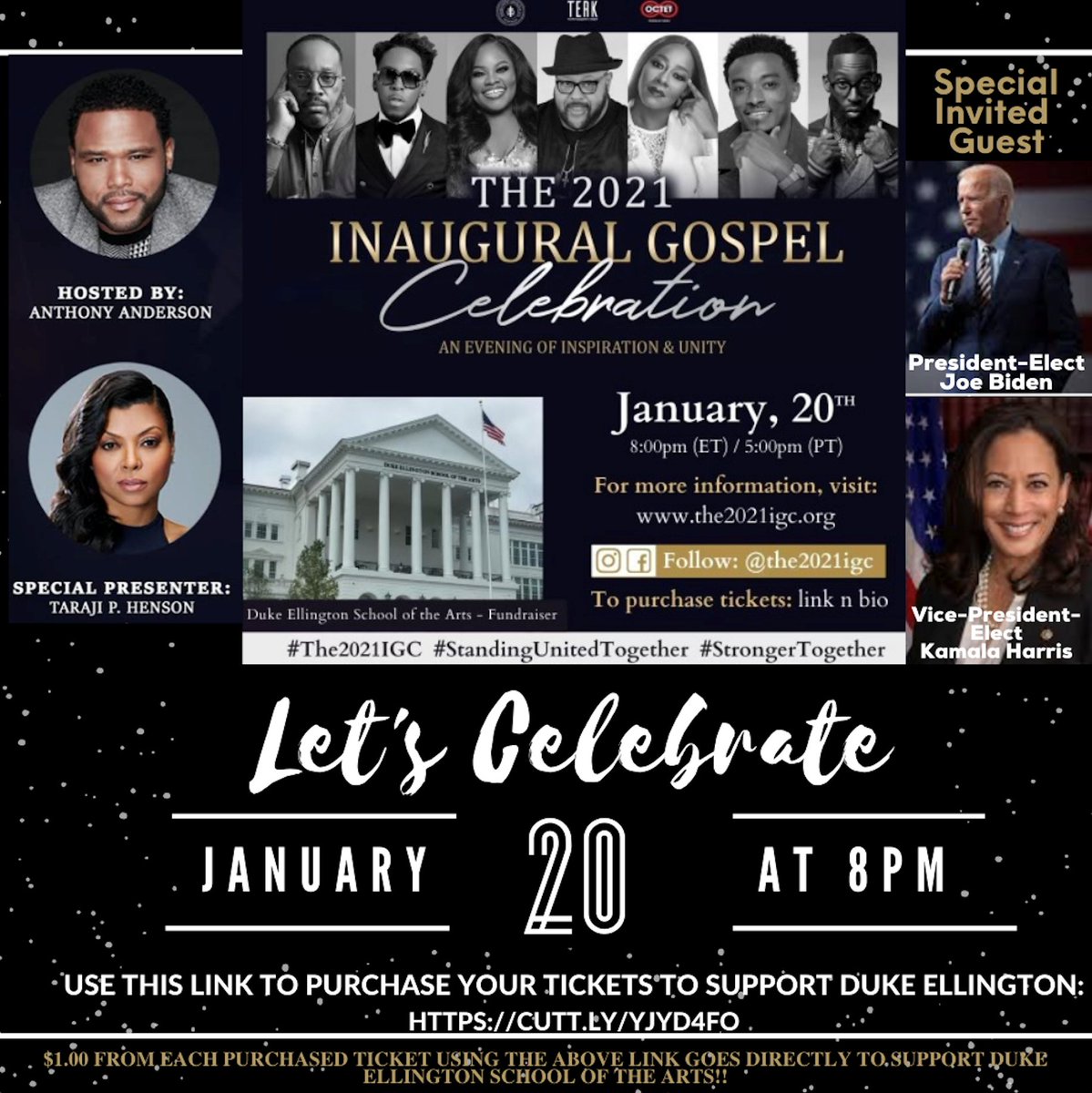 DukeEllingtonDC's tweet photo. Celebrate the Inauguration & support #EllingtonArts!
We get a donation from EACH ticket purchased @ https://t.co/JJiXuBYtyL
@the2021igc @tarajiphenson @anthonyanderson #StandingUnitedTogether #UnityCreatesChange #StrongerTogether #CelebrateUnity #EllingtonAlumni #dcarts #artsed https://t.co/uAYuWlJs5Y