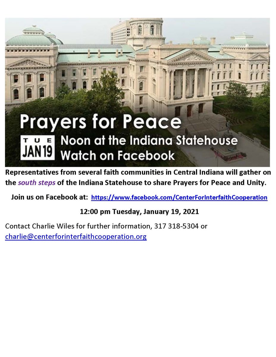 nathandaywilson's tweet photo. Prayers of peace tomorrow (Tues, 19 Jan) at the Indiana Statehouse. Please tune in at https://t.co/L8ChTlVOGO https://t.co/lDyRLlnh6f
