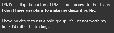 I've thought about lack of engagement

Instead of punishing everyone by not posting

I want to incentivize you

So I will be running a "contest"

All you have to do is RT &amp; like all my tweets

When I hit 10k followers I will choose 3 of you &amp; give you access to my private discord