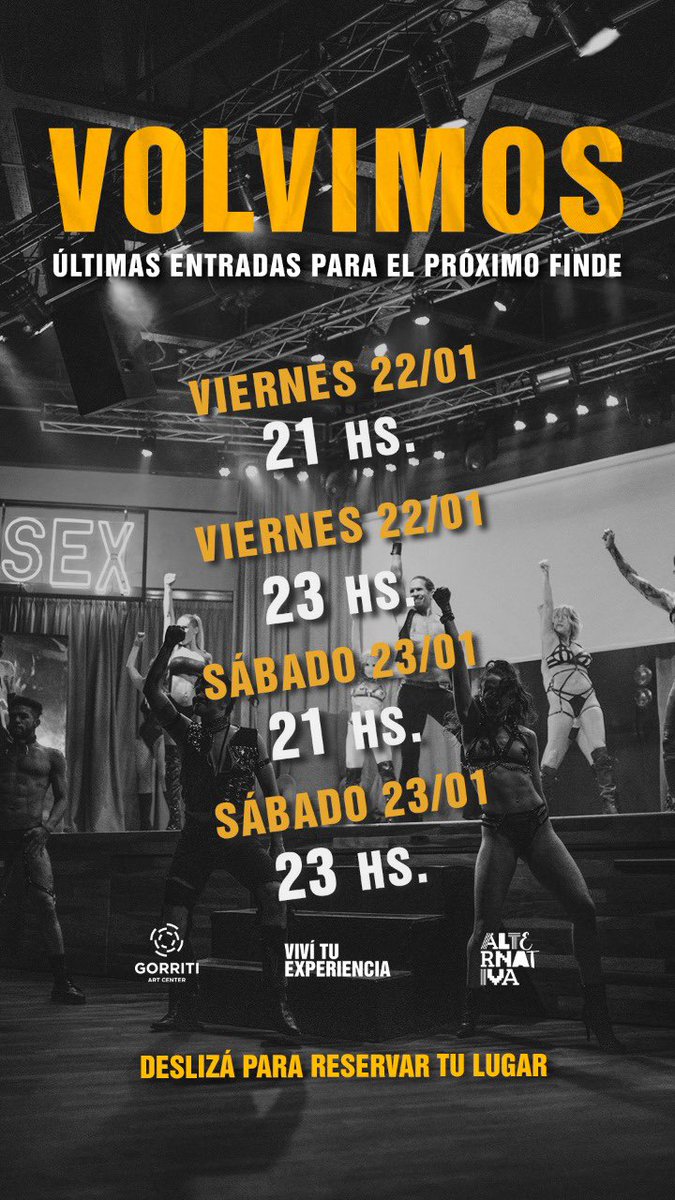 Quedan muy pocas entradas para el próximo finde de SEX 

Conseguí tu lugar o te quedas afuera 

Alto show 

tinyurl.com/experienciaeng…