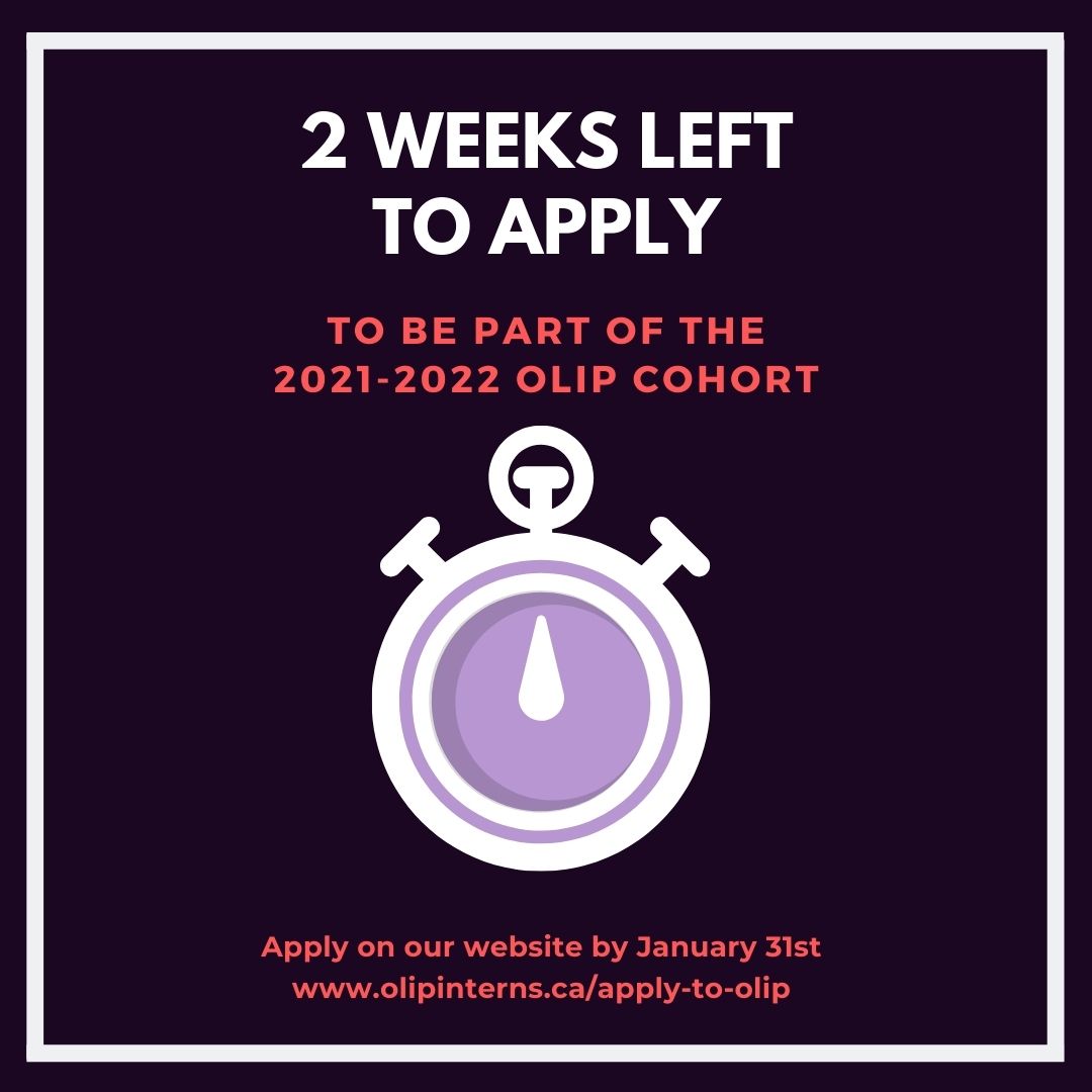 olipinterns's tweet photo. Just two weeks left to apply to the 2021-22 OLIP cohort! A great (paid!) experience for recent grads interested in government and politics. Apply here by Jan 31: https://t.co/Gk00MFfZaU. Questions? Email recruitment@olipinterns.ca #replaceus #onpoli https://t.co/QqO7ZfRoEF