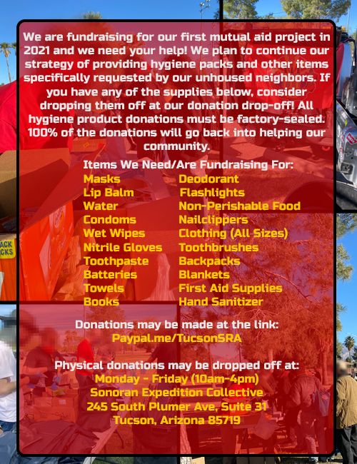 After a holiday break, we are back at in 2021 w/ another mutual aid event for our unhoused neighbors. Please consider donating if you have funds to spare. We are building out hygiene packs to the needs of our community members. Physical donations accepted!
paypal.com/paypalme/tucso…