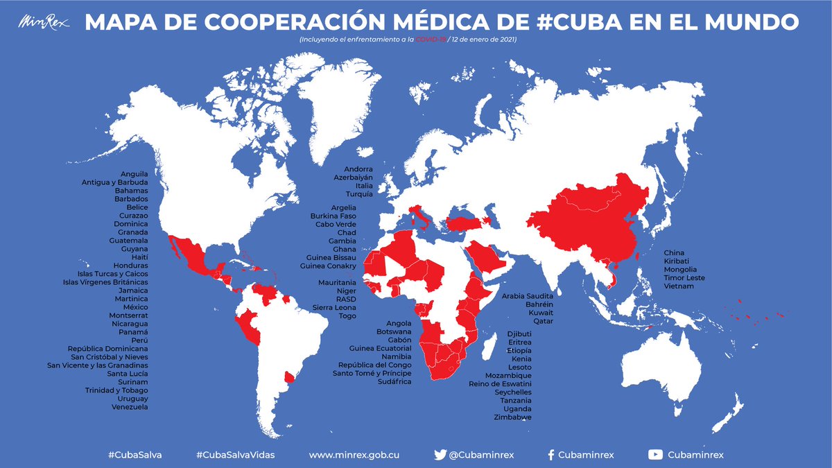 Alors que 🇨🇺 est soumise à un blocus illégal et inhumain des 🇺🇲, voici la liste des pays où #Cuba est intervenue pour lutter contre la pandémie de #COVID19.

Collaboration médicale ou brigade Henry Reeve, Cuba sauve des vies.

Le #socialisme est > au capitalisme.

#CubaSalvaVidas