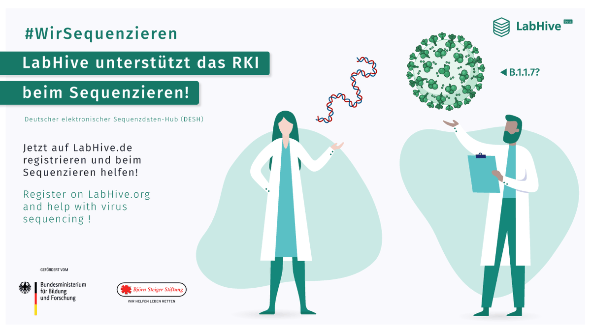 LabHive unterstützt das <a href="/rki_de/">Robert Koch-Institut</a> beim »DESH« (Deutscher elektronischer Sequenzdaten-Hub). Innerhalb von 10 Tagen sollen alle Labore mit Möglichkeiten zur Virussequenzierung lokalisiert werden. Wie? Auf LabHive.de registrieren und eintragen [✓] #WirSequenzieren 🧬🧬🧬