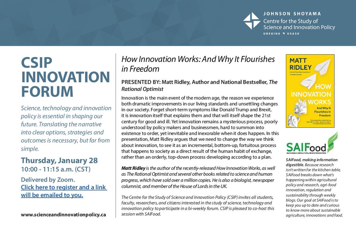 CSIP_JSGS's tweet photo. Our Jan. 28 virtual #InnovationForum is co-hosted by CSIP and @SAIFood_blog. Join the discussion with bestselling author Matt Ridley, as he speaks on the need to change the way we think about innovation. Register at https://t.co/jswCvPEdK8
#HowInnovationWorks #Innovationprocess https://t.co/YXPPjgM2Bk