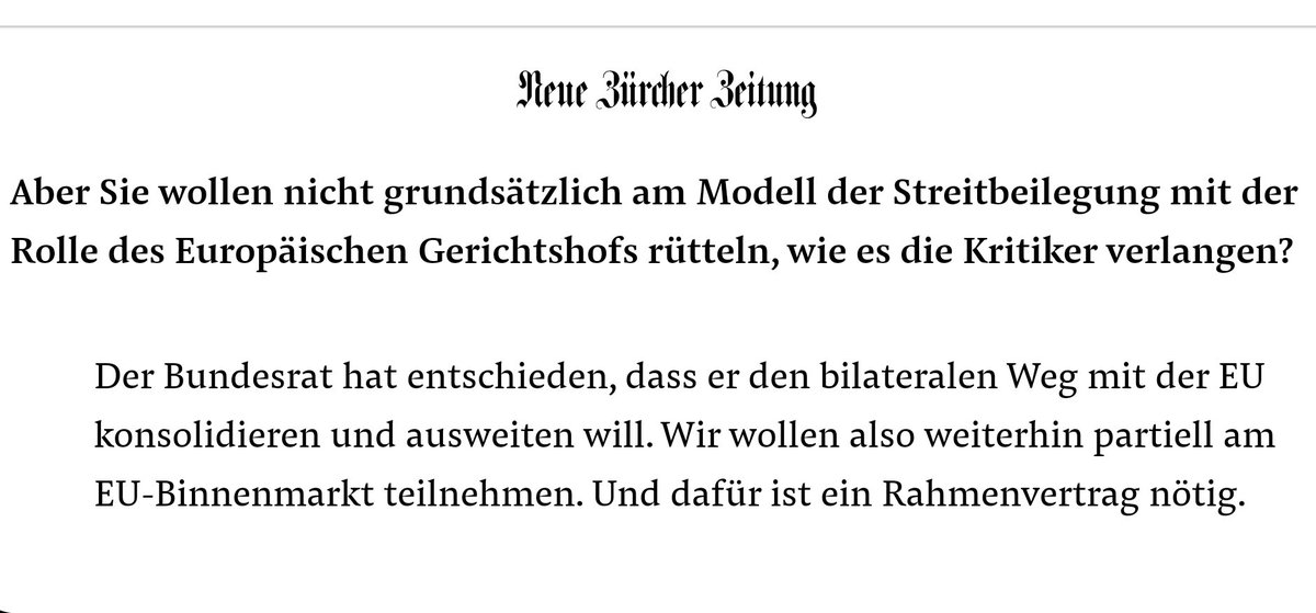 The government’s position, outlined by foreign minister  @ignaziocassis in this  @NZZ interview, is that Swiss parliament has decided it wants to deepen the partnership with the EU and continue to partially take part in the Single Market - and that this deal is needed for that.4)
