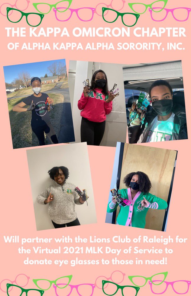 The Kappa Omicron Chapter of Alpha Kappa Alpha Sorority, Inc. is partnering with the Lions Club of Raleigh in honor of Martin Luther King Jr. Day of Service &amp; will be donating eye glasses to those in need. #AKA1908 💖💚