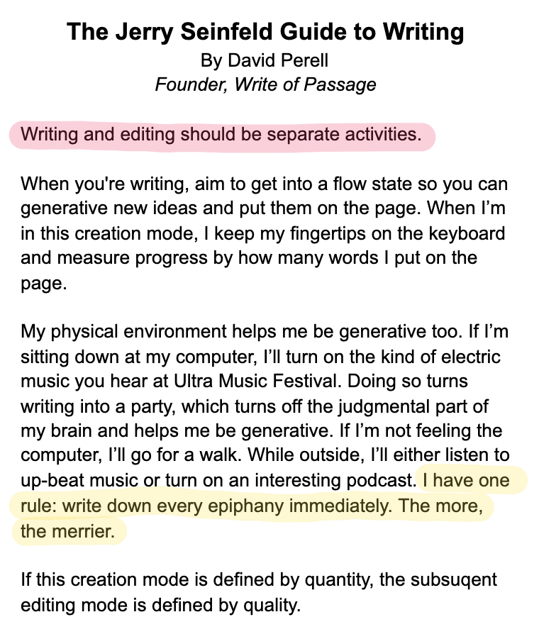 david_perell's tweet photo. The Jerry Seinfeld guide to writing: Create first, edit second. Never do them at the same time.

Here's my mini-essay. https://t.co/bh4hkdA11p