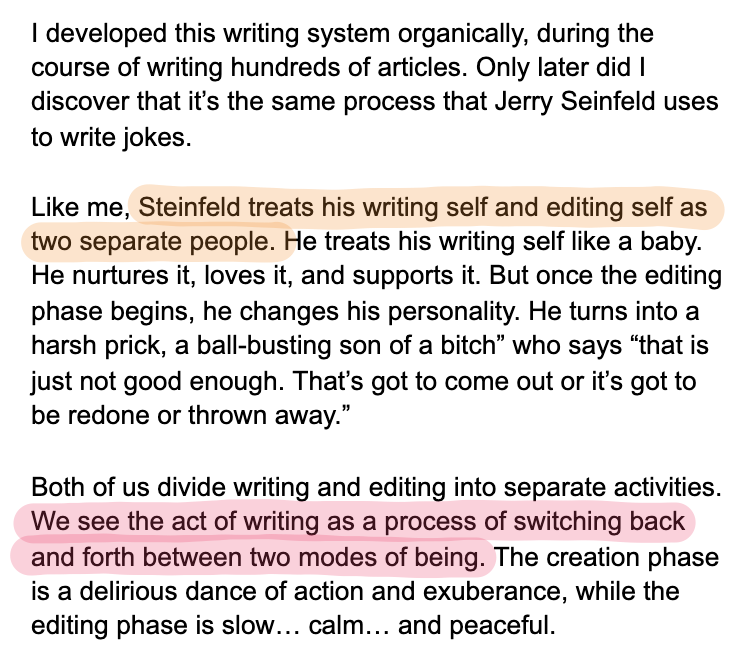 david_perell's tweet photo. The Jerry Seinfeld guide to writing: Create first, edit second. Never do them at the same time.

Here's my mini-essay. https://t.co/bh4hkdA11p