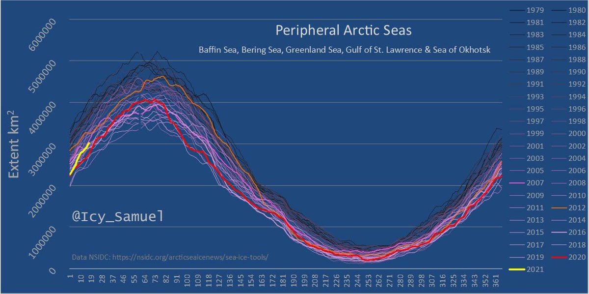 For example, Sea of Okhotsk reached the 15ᵗʰ largest extent (out of 43) this week (5-day NSIDC data). Overall, the peripheral seas have climbed from 4ᵗʰ lowest to 12ᵗʰ lowest this month. An impressive level of growth that’s likely to continue over the coming weeks (4/12)