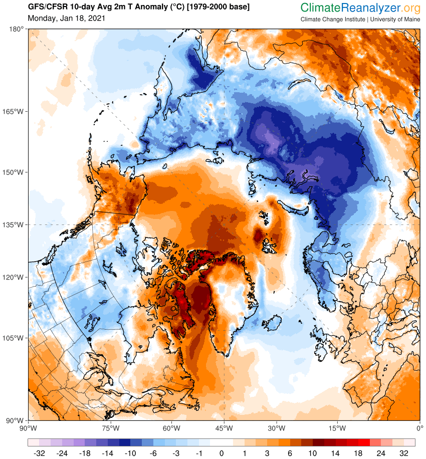 However, this comes with a price. The cold air escaping the Arctic allows warmer air in. Surface air temperatures across the Arctic ocean remain way above average, and this is forecast to continue for the foreseeable future, with severe cold persisting across Siberia (8/12)
