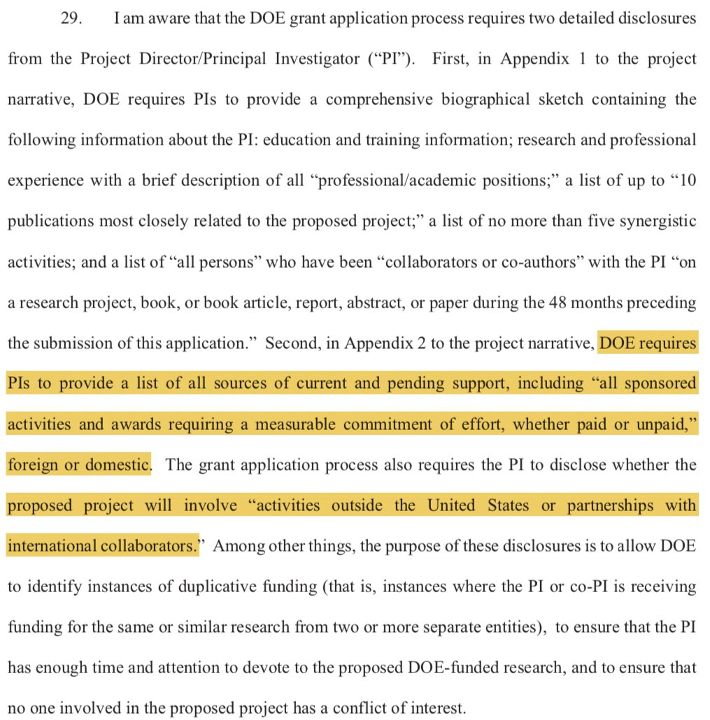 29. In submitting a proposal to DOE, the PI must state conflict of interest, and fill various forms. This para provides this background, and does not mention Professor Chen.Context-In recent years, COI report has been changing and confusing.