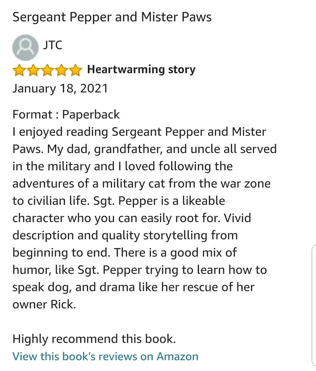 <a href="/drjennhorton/">Dr. Jennifer Horton</a> 5⭐Praise!
"Vivid description and quality storytelling from beginning to end."
amazon.com/dp/1946044709/…
Sergeant Pepper and Mister Paws by <a href="/Riney_Al/">riney on hiatus</a>.
#FREE on #KindleUnlimited. #Audible
 #cats #PTSD #IARTG #ASMSG #IAN1 #Kindle #books #ebooks
#audiobooks