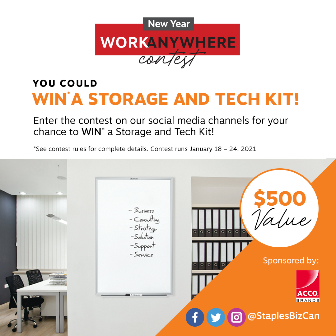 StaplesProf's tweet photo. Enter for a chance to WIN a Storage & Technology Kit sponsored by @ACCOCanada worth $500. To enter follow @StaplesBizCan & send us a photo of your temporary storage solutions below this post using #SBAWorkfromHome. Contest closes on January 24. Details โ https://t.co/z00iHo39m0 https://t.co/e3bP6smAwN