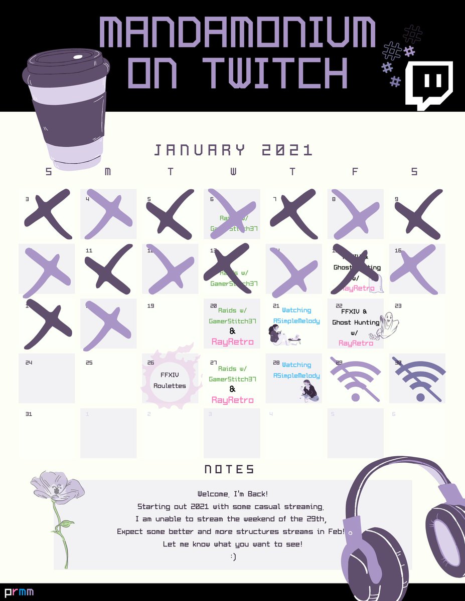 mandamonium13's tweet photo. Happy 2021!
Starting the year off with some casual streaming.
Jan 29th I won't have access to the internet.
But in Feb I will be hunting ghosts every Friday!
https://t.co/EwFCHQNhXC
And don't forget to join our discord for alerts as we go live! :)
#Twitch #Streaming #PRMM https://t.co/BqjUu1ICxH