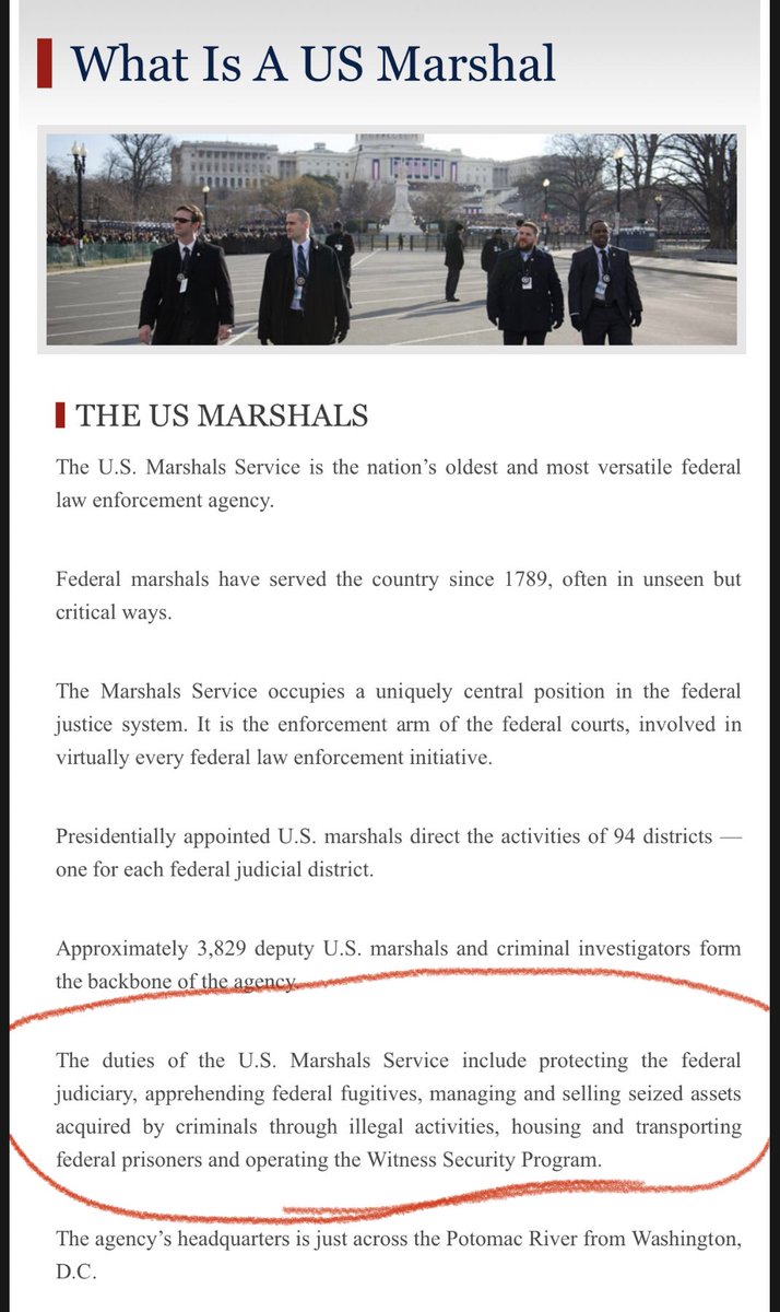  What do US Marshals do? Apprehend federal fugitives, seize their assets, and transport them to prison (GITMO).