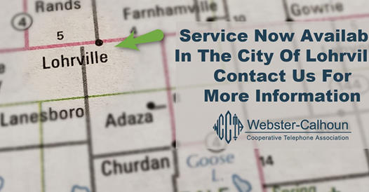 High-speed, fiber-based internet is now available in Lohrville, #Iowa thanks to <a href="/WebsterCalhoun/">Webster-Calhoun Cooperative Telephone Association</a>! Additional high-speed services coming to other areas of Calhoun County, soon!