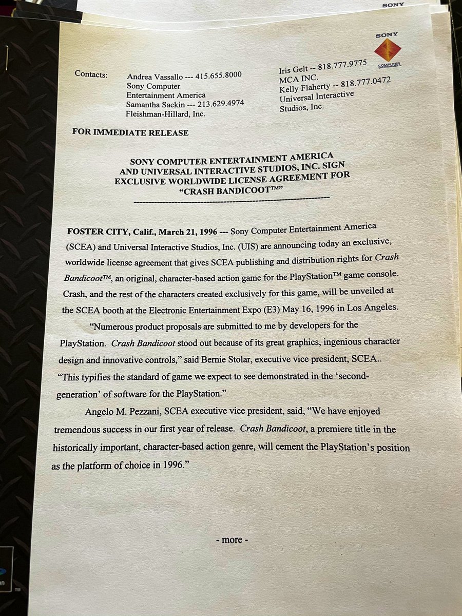 Found this today - the PlayStation E3 1996 press kit, including a press release announcing the original @CrashBandicoot from @Naughty_Dog!