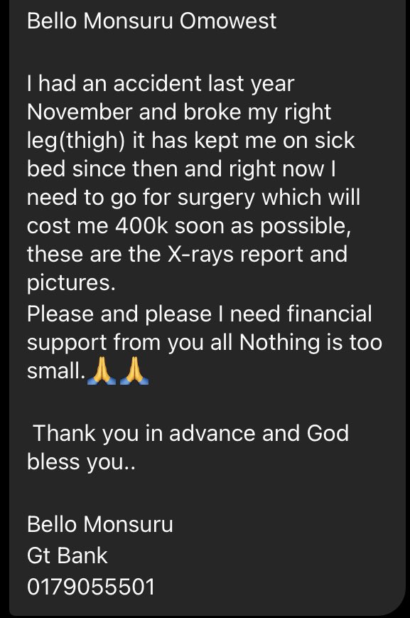He needs urgent medical assistance! Nothing is too little.! Anything you can afford 🙏  I will be giving a special shout out to everyone that contributes and also offer commercial services for free on radio/ social media 🙌... pls help! ❤️ let’s be our brother’s keeper.