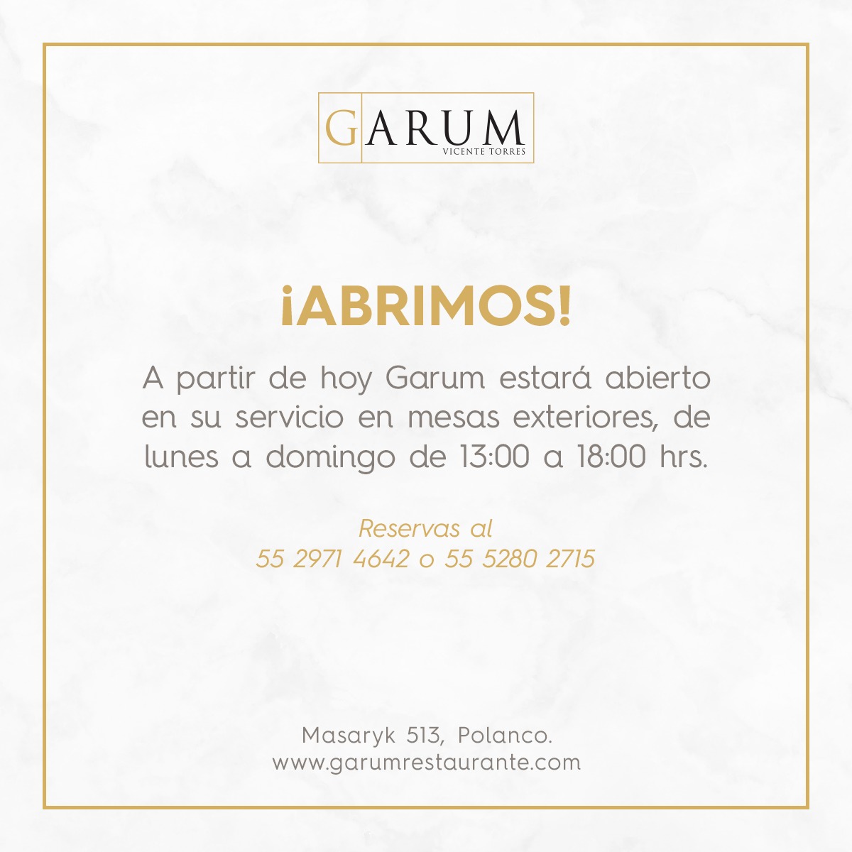 ¡Nuestras puertas están abiertas! 

Para hacer reservación llama al 55 2971-4642.

Nuestro horario es de lunes a domingo.
-Servicio en mesas exteriores:
1 pm a 6 pm.
-Servicio para llevar:
1 pm a 9 pm.

Y seguimos con servicio a domicilio por #Rappi ➝ bit.ly/3hb5TYo