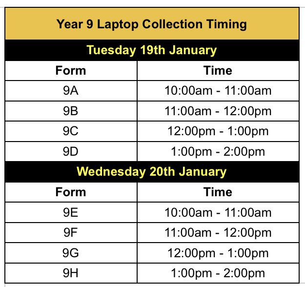 HolyheadEvents's tweet photo. Parents of #Year9 students, #laptops for #remotelearning are ready for collection at @holyhead_school on 19th &amp; 20th Jan at the time slots detailed. Big thank you to the ICT Team for getting these up setup! #homeschooling #education #teachwhatmatters #handsworth #dofe #lockdown21 https://t.co/7lSZFf1IQW