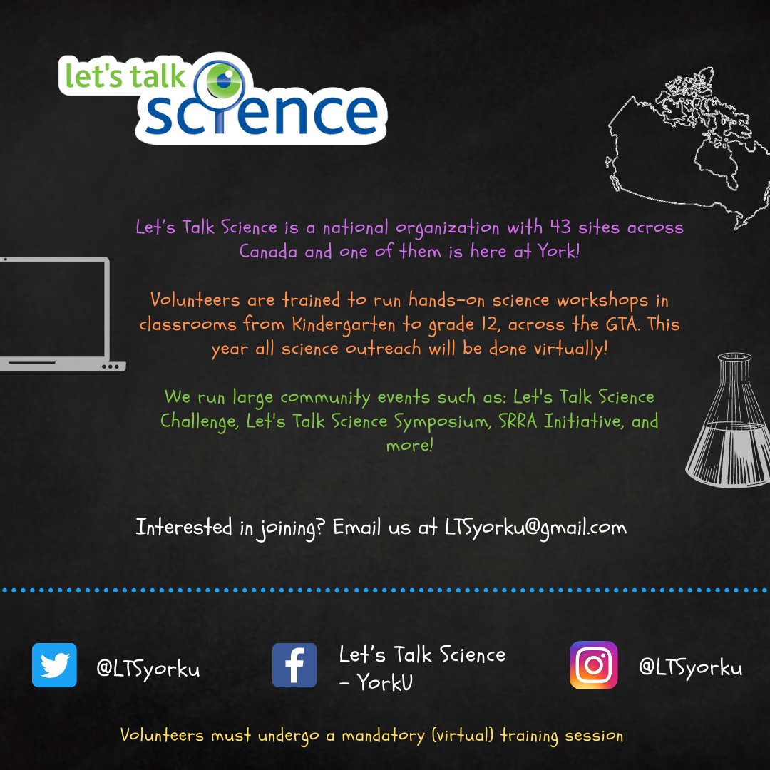 Are you interested in STEM outreach? Email us at LTSyorku@gmail.com to learn more about virtual training to become a volunteer!
◼
As a volunteer, you will conduct virtual classroom visits from the comfort of your home! 🏠

#YorkU #LetsTalkScience